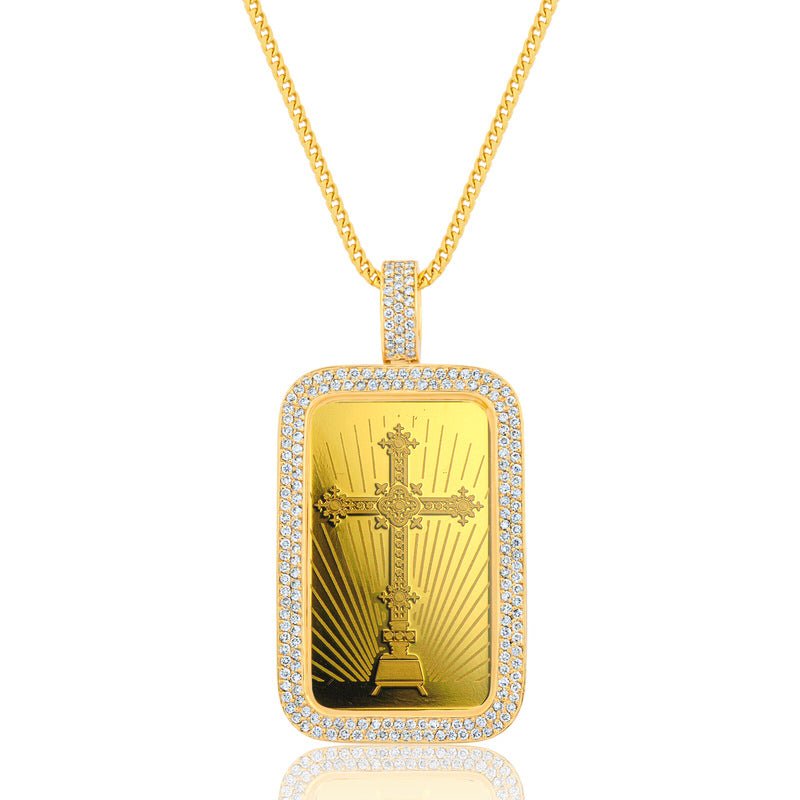 1oz. Fine Gold Bar Necklace, IF Romanesque & Diamonds Cross - with